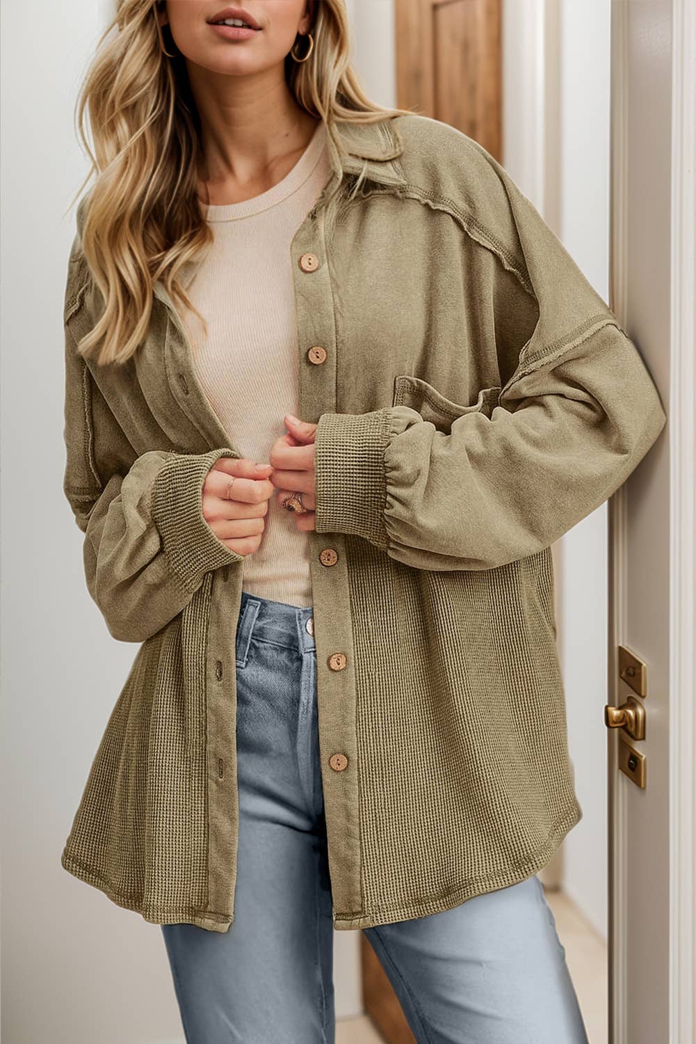 PartyEight - Vente Veste-chemise – femme - Veste surdimensionnée boutonnée en tricot gaufré2