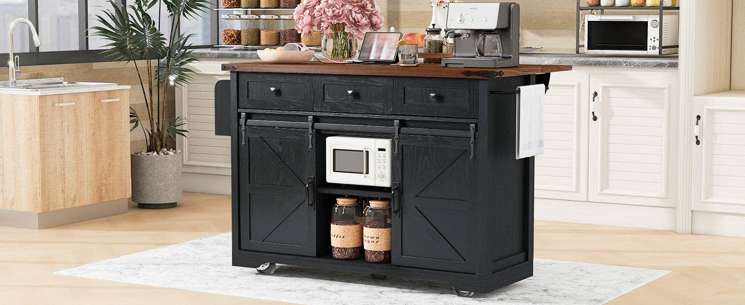 Orange County Decor - Wholesale Kitchen Storage/Organizer - K&K 53.7" Farmhouse Kitchen Island With Power Outlet, 2 Sliding Barn Door Kitchen Storage Island With Drop Leaf, Spice Rack Rolling Kitchen Cart On Wheels, For Home, Kitchen And Dining Room, Black13