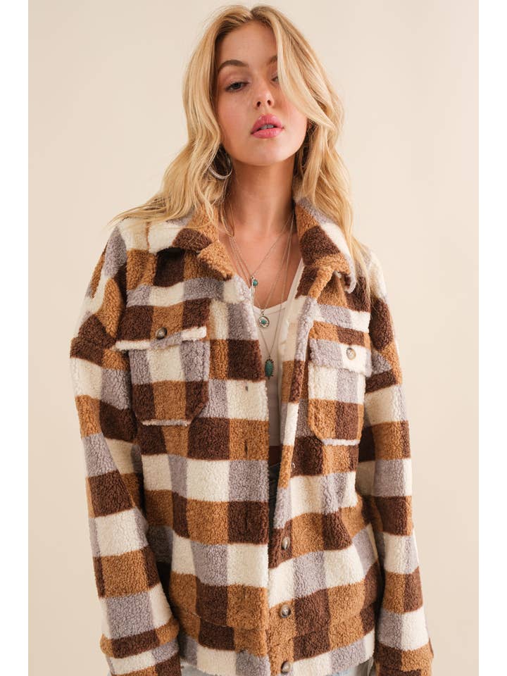 Blue B - Wholesale Shirt Jacket/Shacket - Women's - 32845J - Checkered Teddy Chest Pocket Oversized Jacket