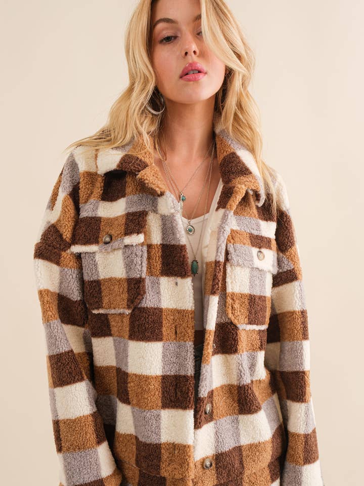 32845J - Rutig Teddy bröstficka Oversized Jacka för wholesale av Blue B