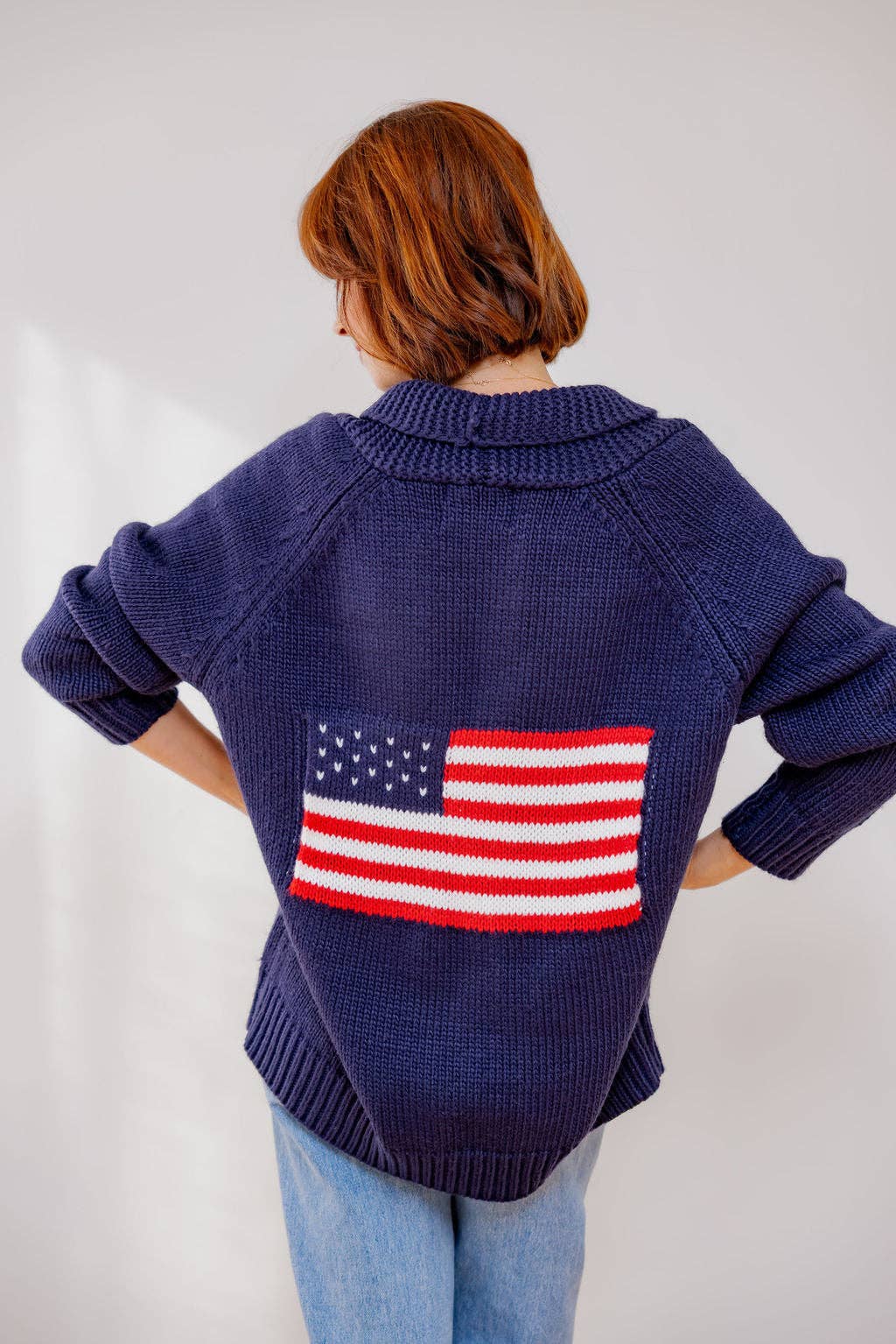 Pearls & Camo - Wholesale Cardigan - Women's - Navy Oversized American Flag Cardigan0