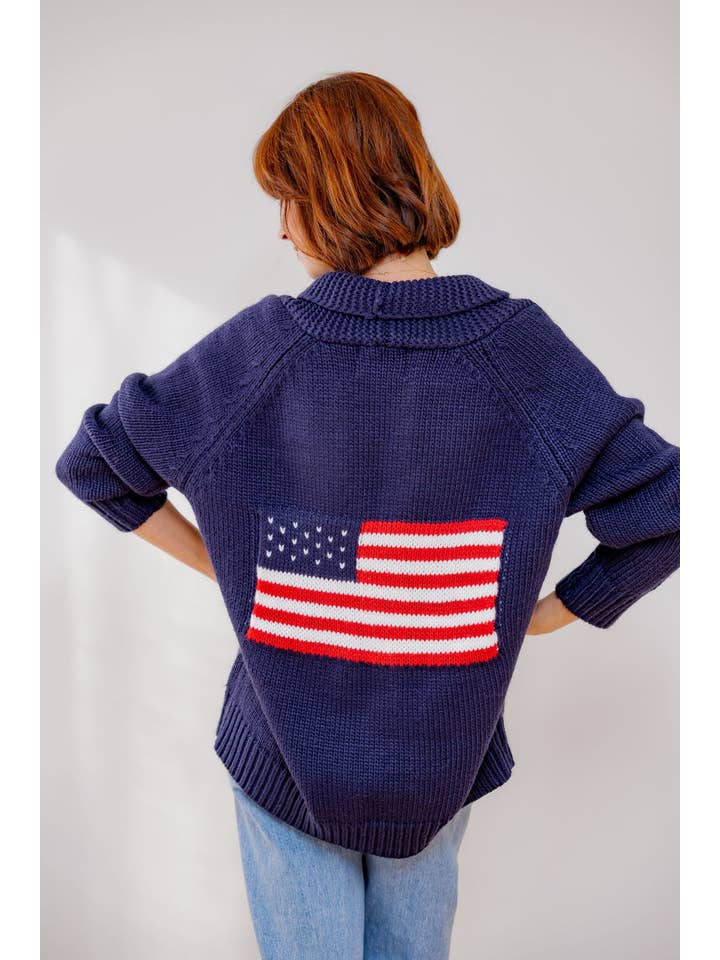 Pearls & Camo - Wholesale Cardigan - Women's - Navy Oversized American Flag Cardigan