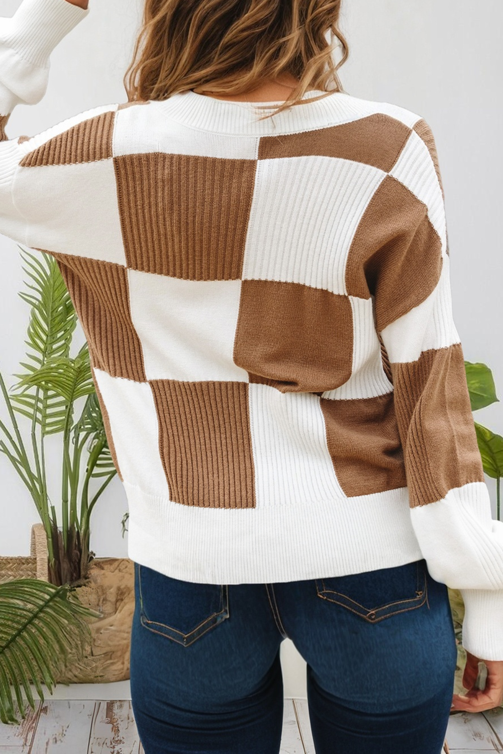 Khaki Checkered Ribbed Plus Size Cardigan Sweater (S-4X) for wholesale on Faire1