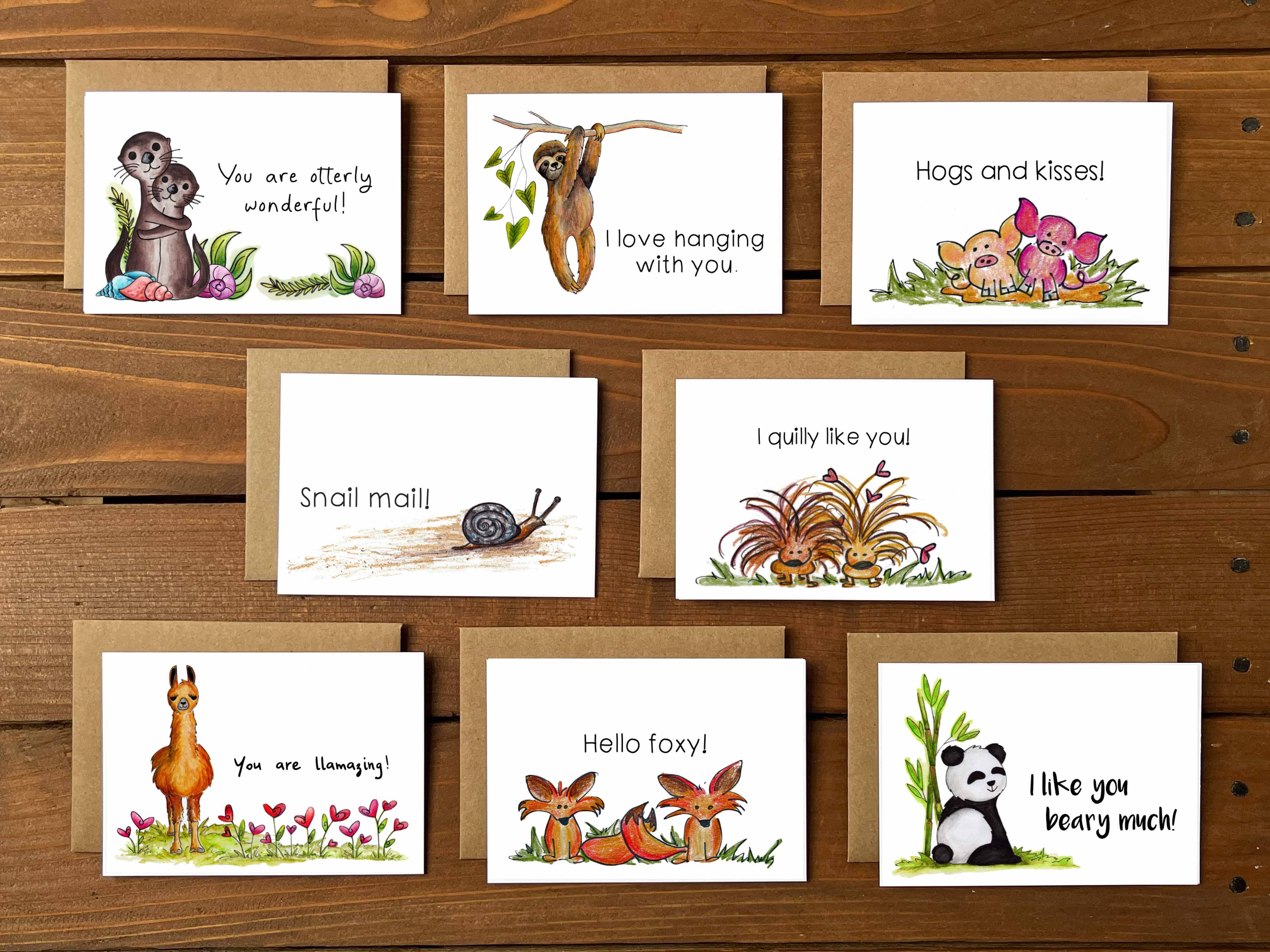 Whimsicals Paperie – Großhandel Briefpapier-/Postkarten-Set – Verschiedene Punny Pals Notizkarten in Schachteln, lustige Tier-Notizkarten10