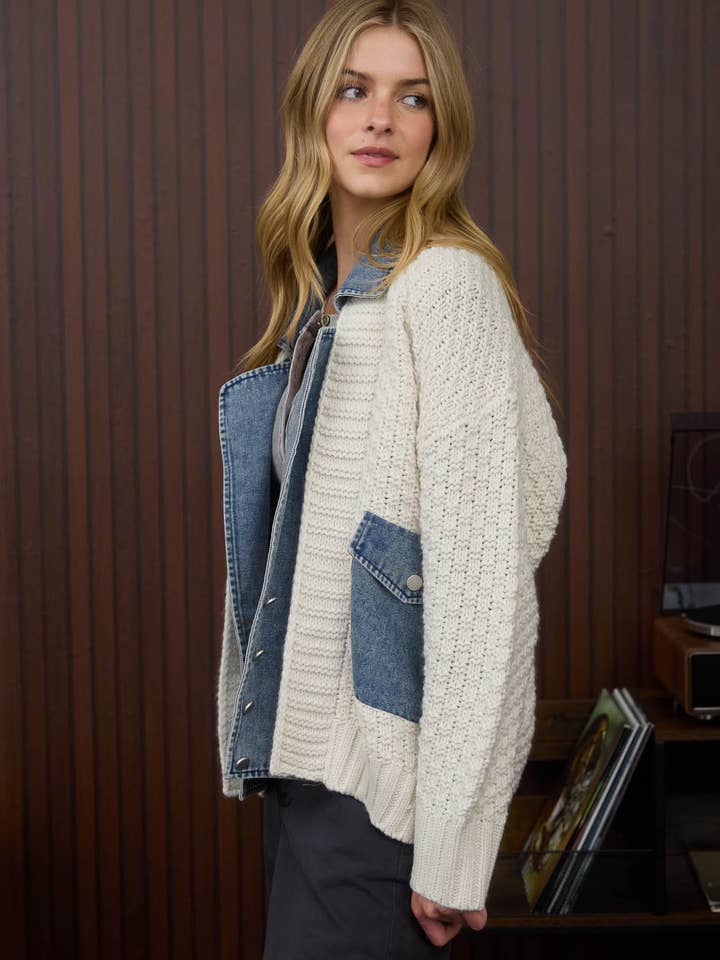 NATURAL MIXED MEDIA CABLE KNIT DENIM TRIM JACKET for wholesale on Faire2