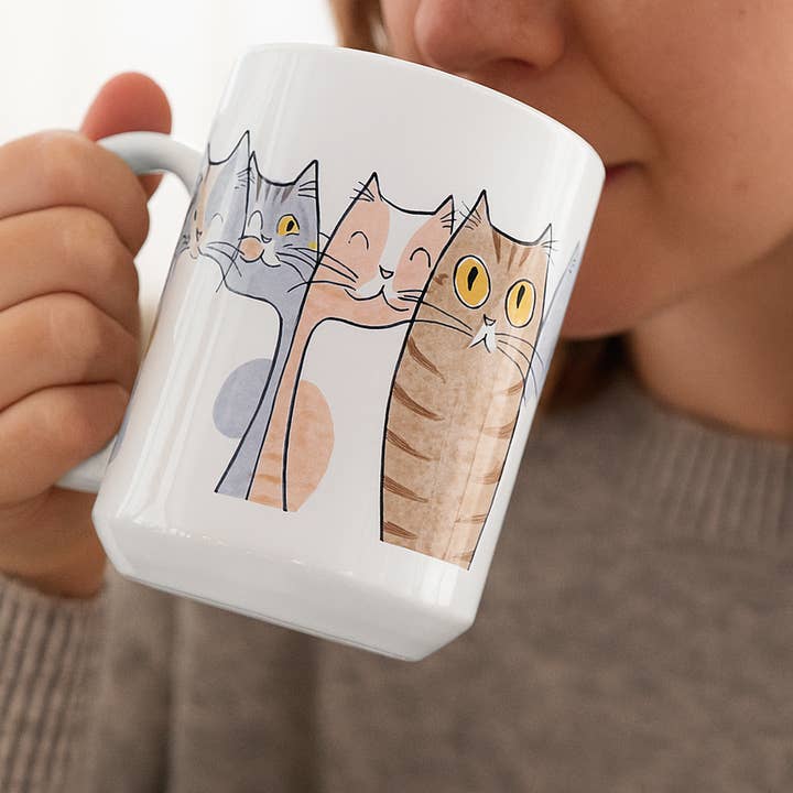 Upside Down Owl Farm - Wholesale Coffee Mug - Quirky Cat Parade Mug, 15 oz, 11 oz., White Coffee Cup, Cute1