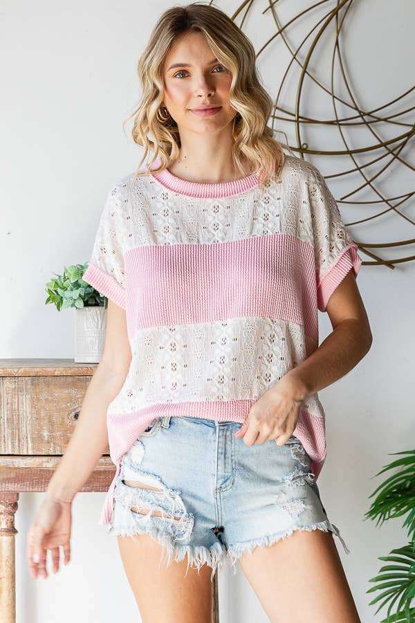 7th Ray – wholesale Knit top – Women's – Rib Lace Contrast Banded Short Sleeve Pullover Top T5863