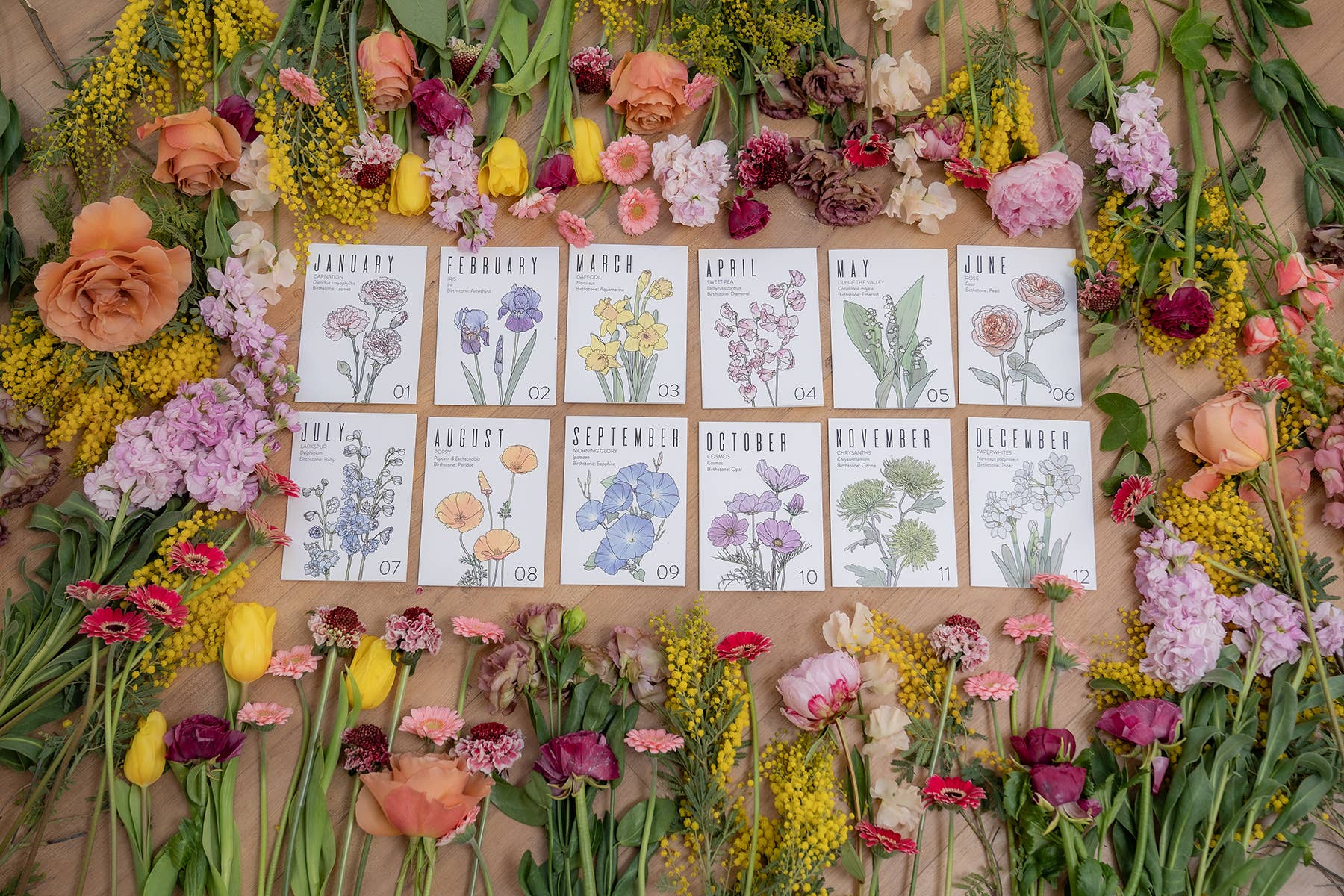 WildFlora - Wholesale Verjaardagskaartje - Groothandel Wenskaarten: Geboortemaand Collectie (set van 12)1