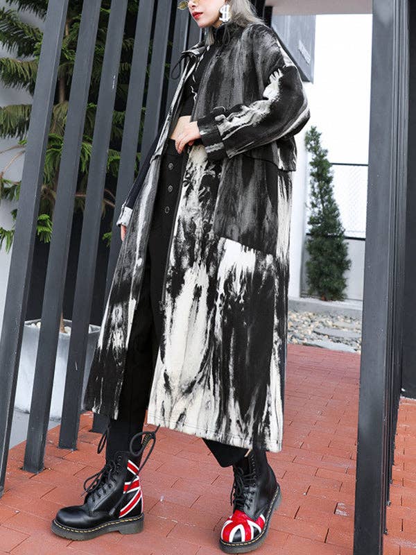 BLACK Drawstring Split-Joint Zipper Long Sleeves Loose Round-Neck Trench Coats for wholesale on Faire