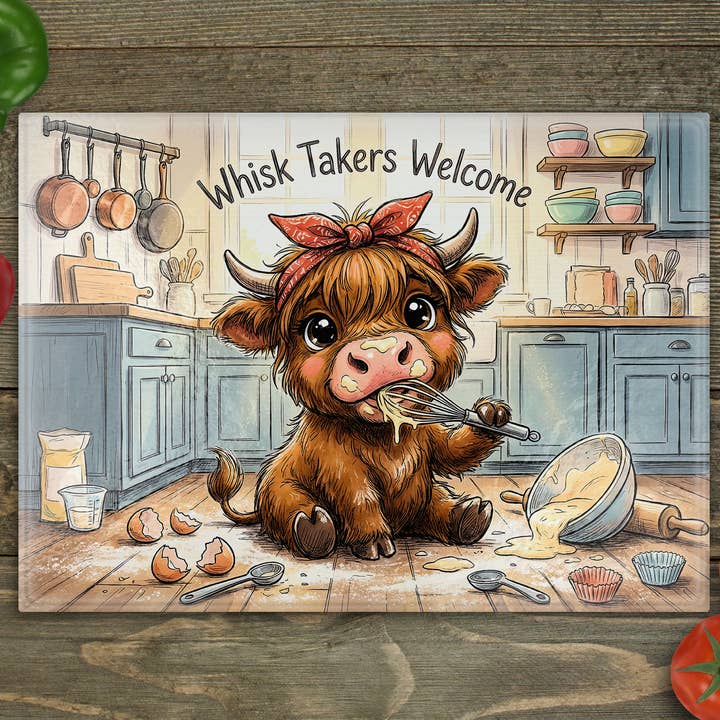 Highland Cow Whisk Glass Cutting Board for wholesale by Beautiful Creations by Laney