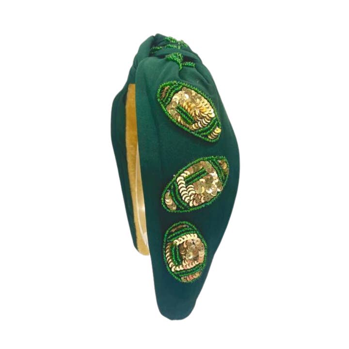 Bandeau de football Game Day Knot, sequins, vert et doré pour la vente par Golden Lily