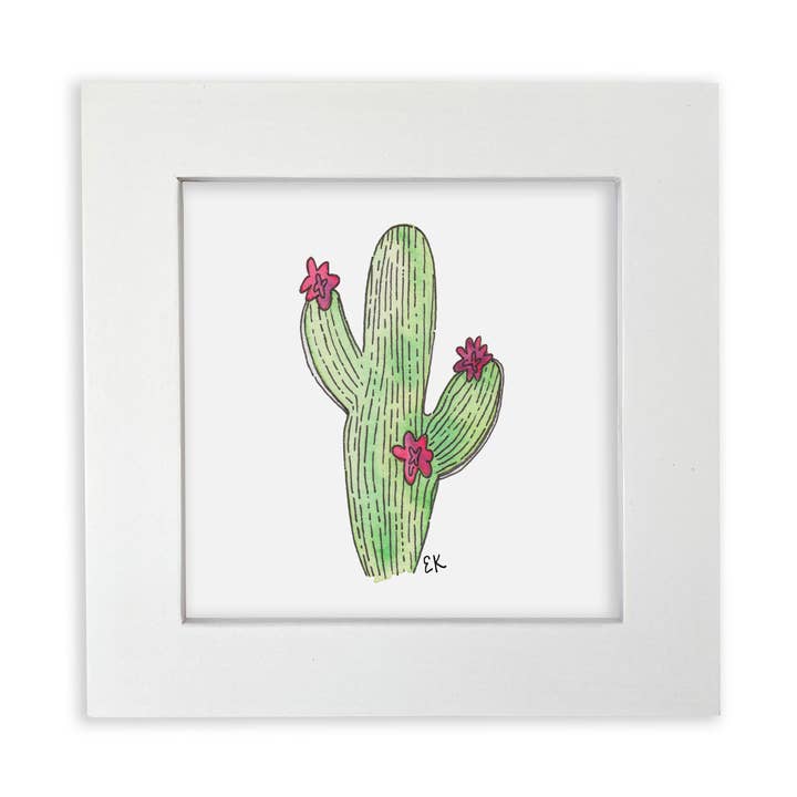 Pink Floral Cactus 4 x 4" Framed Art Print for wholesale by Eileen Graphics