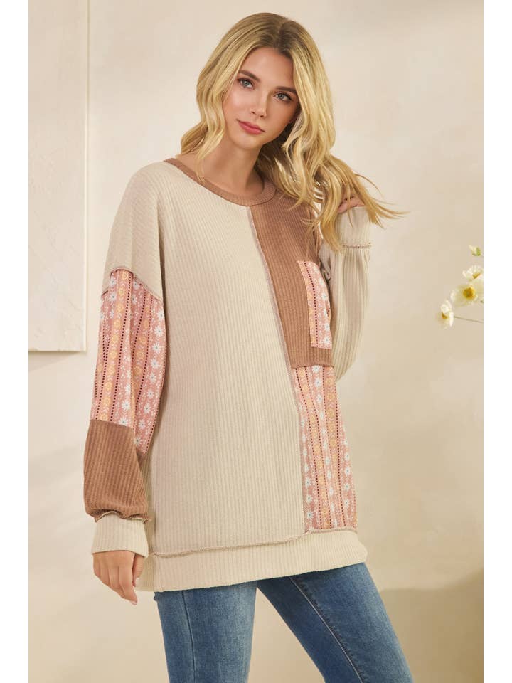 7th Ray - Wholesale Knit Top - Women's - Color Block Floral Patchwork Pullover Top T598914