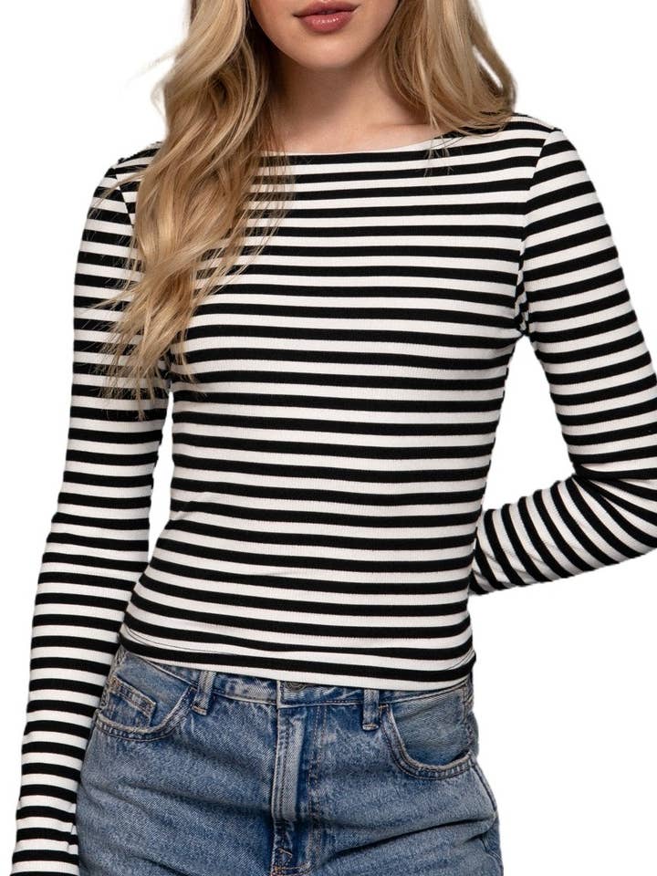 Long Slv Boat Neck Stripe Brushed Rib Top for wholesale by Vanilla Monkey