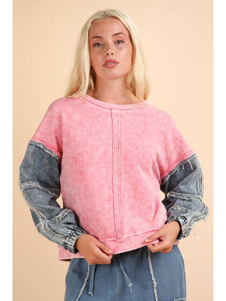 VERY J - Wholesale Knit Top - Women's - NT11776-Acid Washed Oversized Denim Sleeve Casual Top