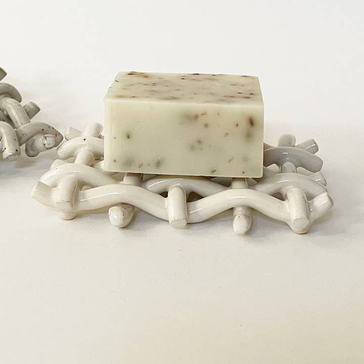 Handmade Ceramic Woven Lattice Soap Dish/ Sponge Holder for wholesale by Sunday Studio