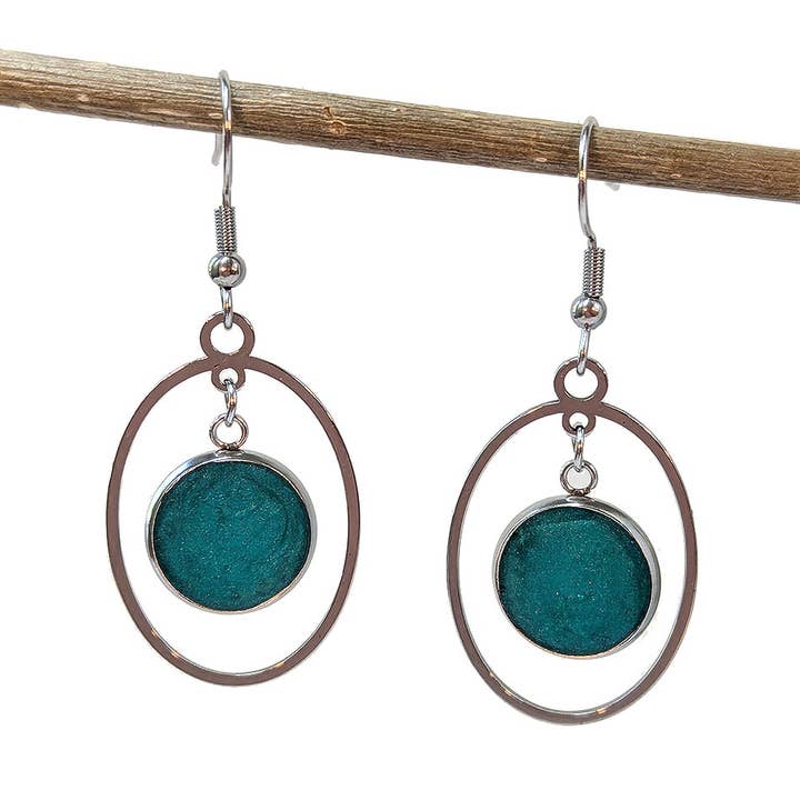 Stainless Steel Hoop Oval Mica Resin Connector Earrings Silver for wholesale by Stylish Jewelry Supply