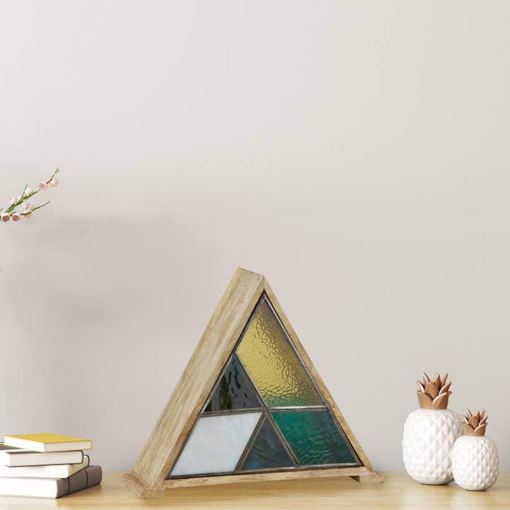 River of Goods - Wholesale Accent/Desk Lamp - 11"H Stained Glass Triangle Shade Wood Base Accent Lamp5