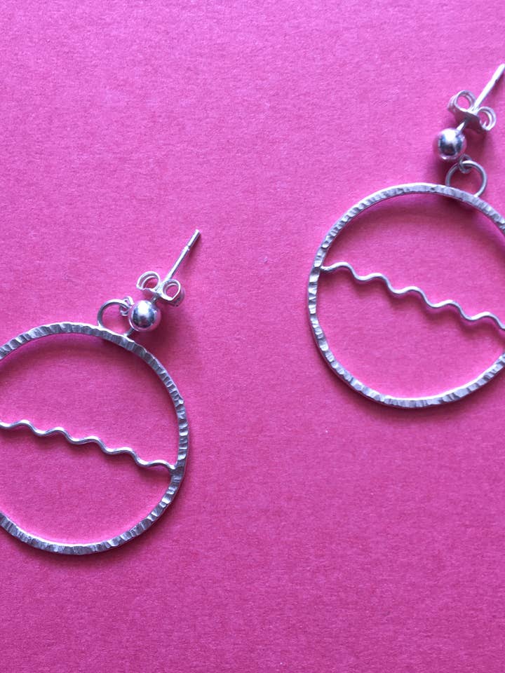 Recycled Sterling Silver Circle Wave Earrings for wholesale by Buoy Oh Buoy Studio
