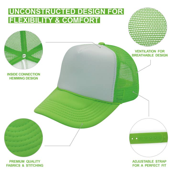 The Park Wholesale - Wholesale Trucker Hat - Unisex - Nissun Neon Color Foam Mesh Trucker Hats Caps, Blank Two Tone Snapbacks