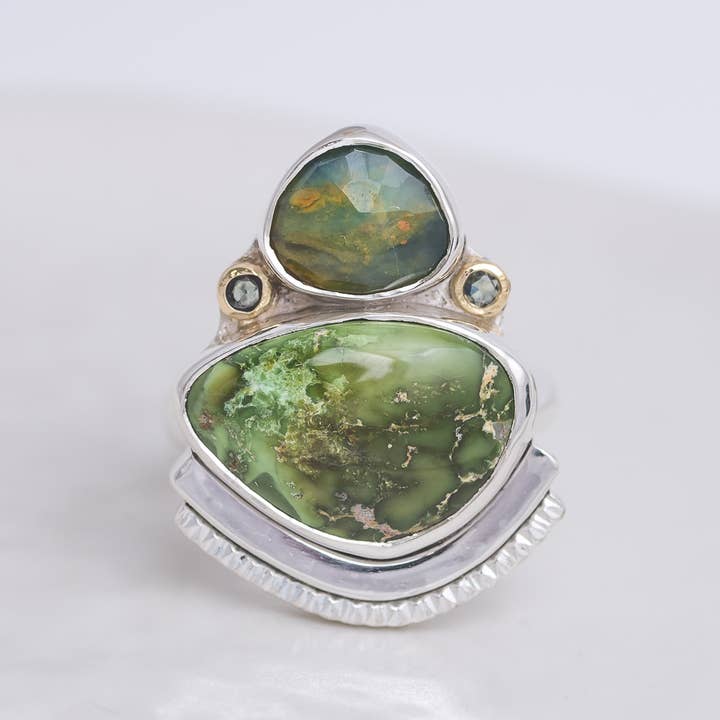 Encompass Ring ◇ Peruvian Opal + Sonoran Turquoise + Australian Green Sapphire ◇ Size 7.5 for wholesale by Mahka Jewelry