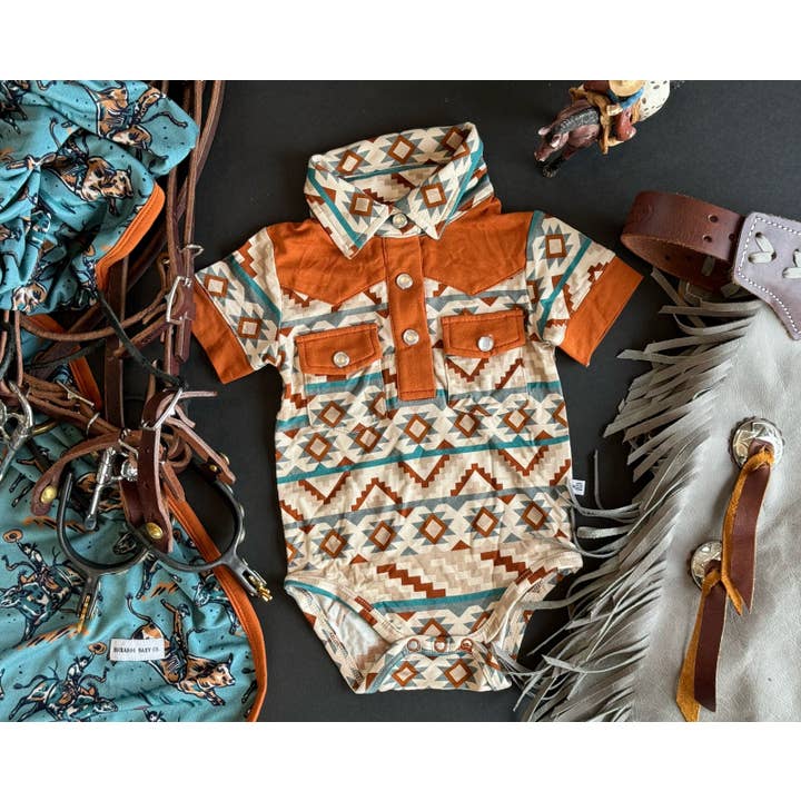 Buckaroo Baby Co. - Wholesale Bodysuit (Non-Footed) - Baby - Dutton Western Pearl Snap Collared Short Sleeve Bodysuit