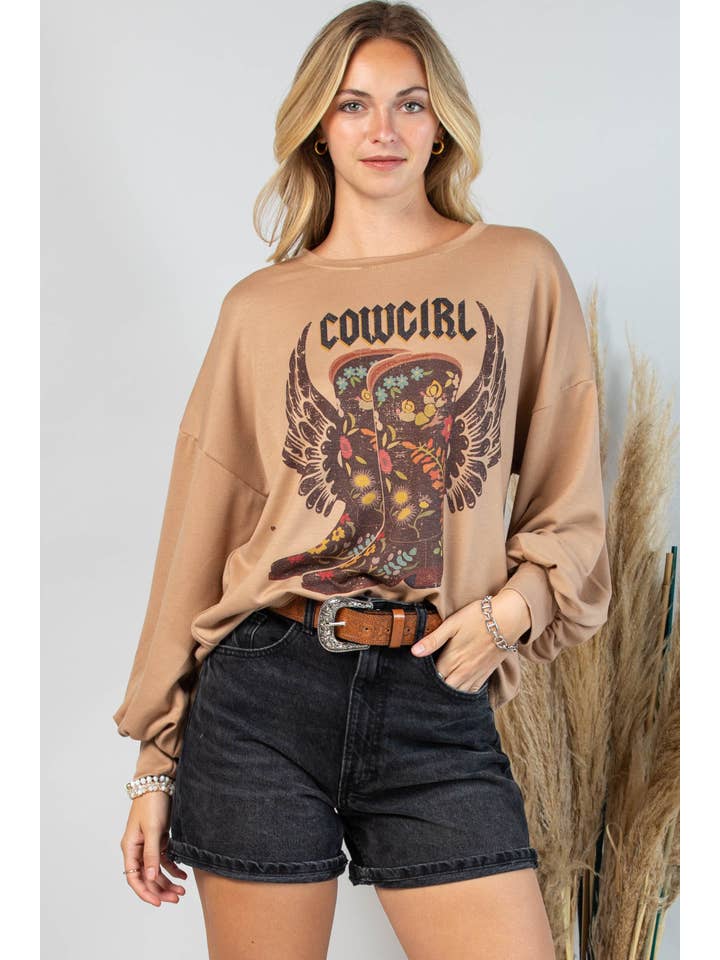 Mocha AV1171-ALEX COWGIRL BOOTS GRAPHIC SWEATSHIRT for wholesale on Faire8