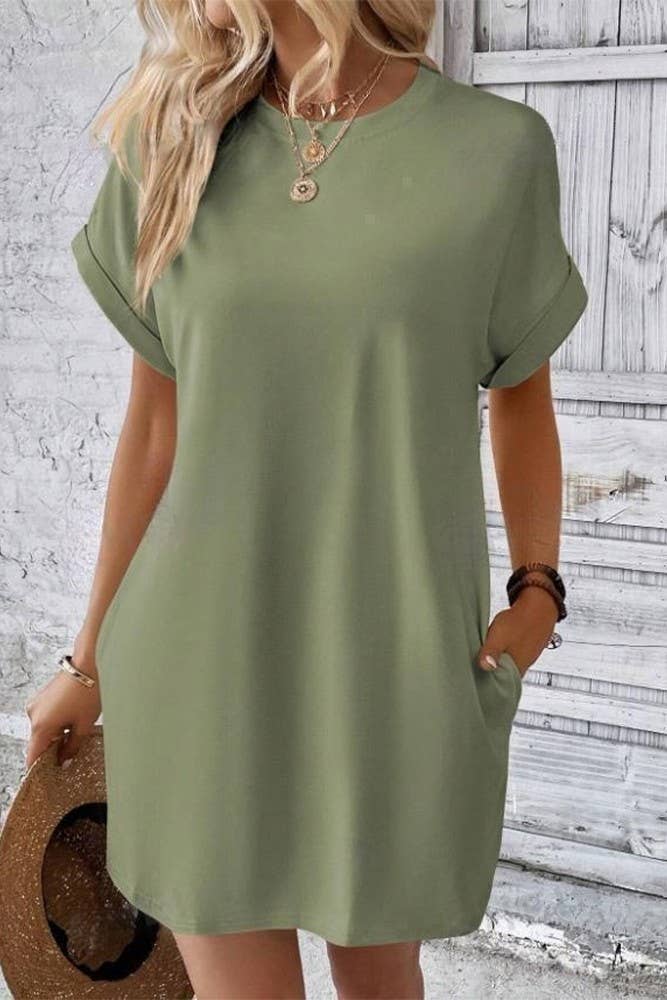 UNISHE - Wholesale Dress - Women's - Plain Fold Cuff Pockets Round Neck T-Shirt Dress ZK133312