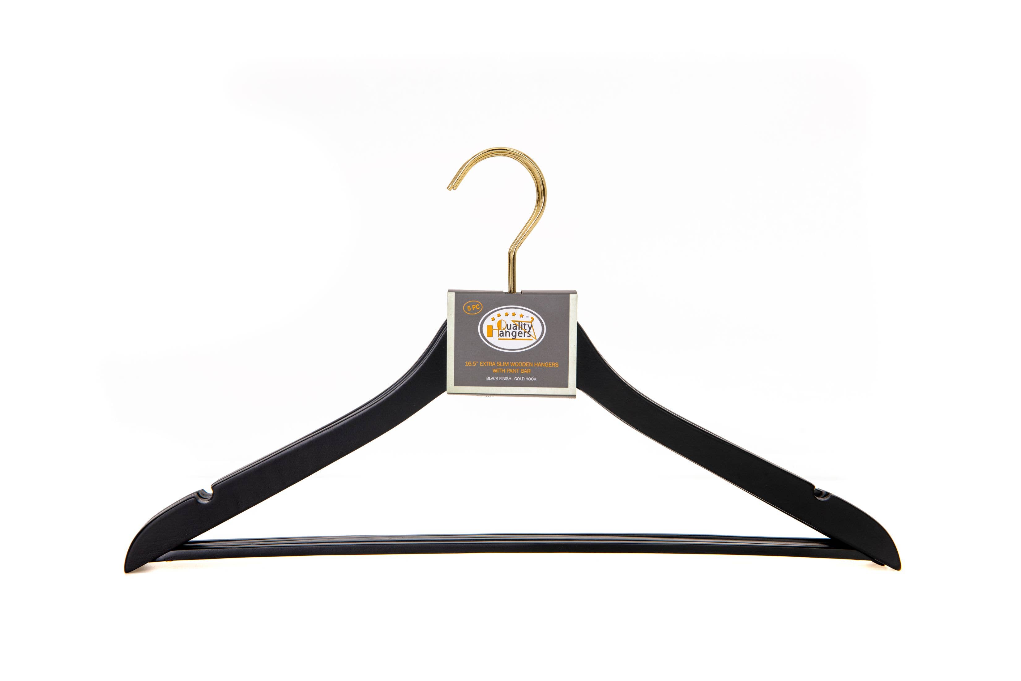 Quality Hangers - Wholesale Clothes Hangers - WS70 Ultra Slim Suit Hangers with Pant Bar Black/gold - 5PK12