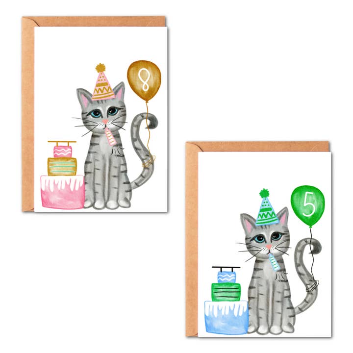Birthday Cat Hand Drawn Watercolor Greeting Cards for wholesale by Simply Crafty