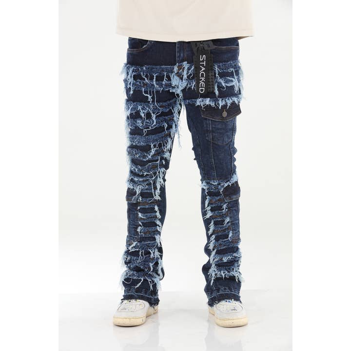 Stylo - Wholesale Jeans - Men's - Cargo Pocket Distressed Stacked Flare Jeans