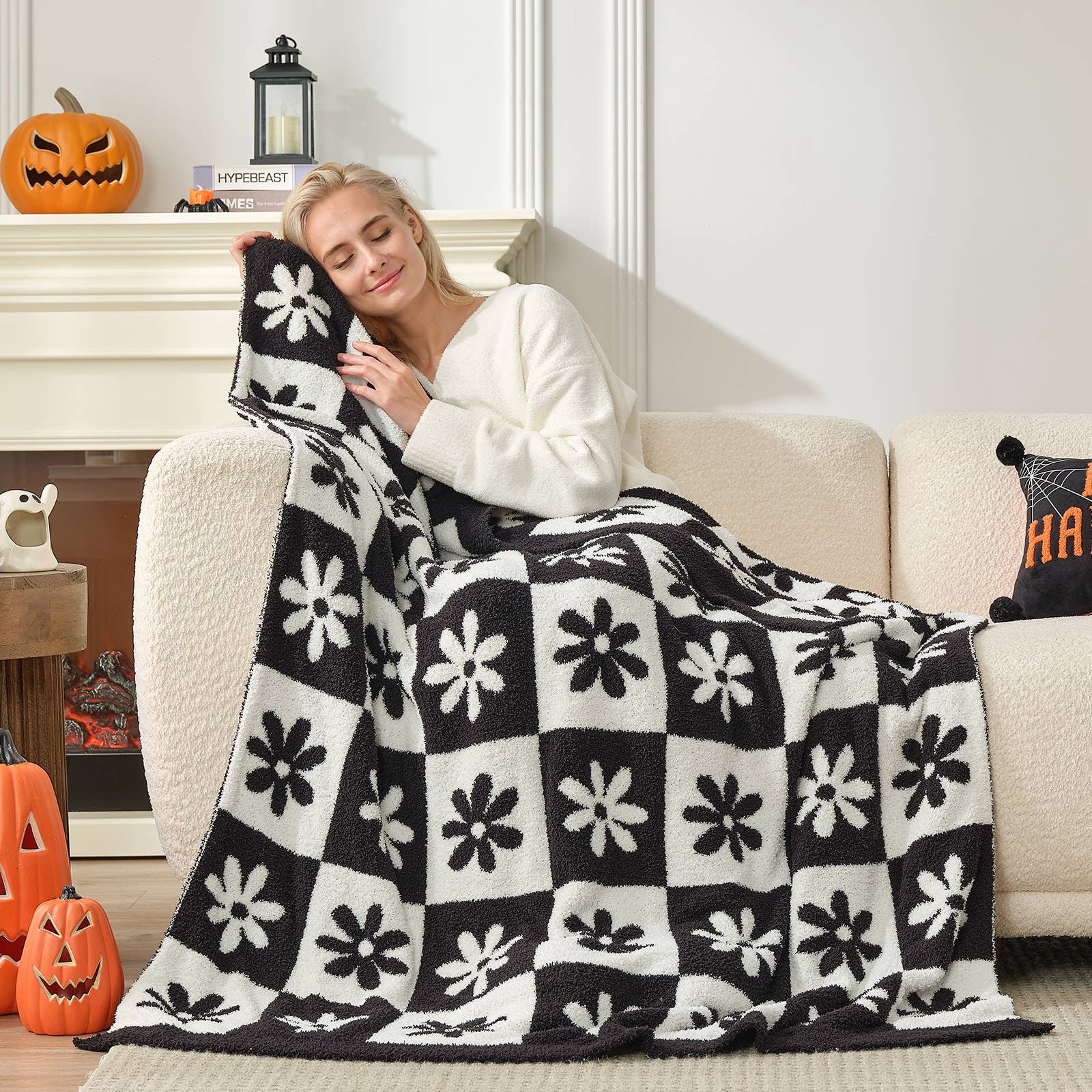 DreamValley - Wholesale Throw Blanket - SS Checkered Floral Throw Blanket Reversible Knitted Throw6