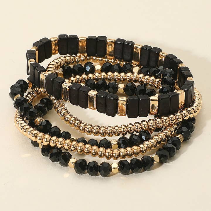 Sensibling Corp. - Wholesale Jewelry Set - 5PCS - Mixed Shape Textured Beaded Stretch Multi Layered Bracelets18