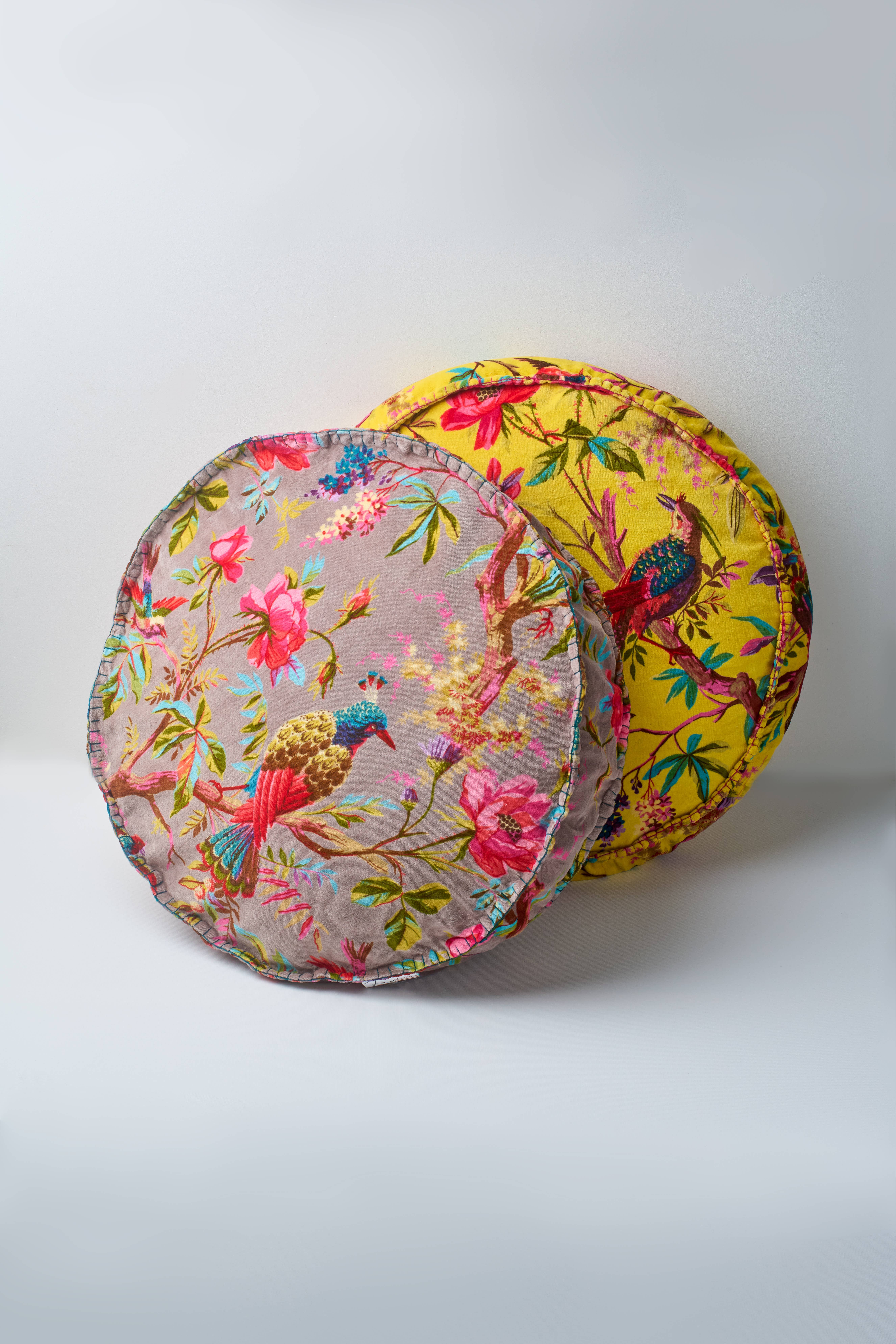 Atolia Designs - Vente Coussins de chaise - Coussin rond Paoletti Paradise avec rembourrage - Jaune2
