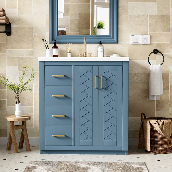 30'' Bathroom Vanity With Ceramic Sink Combo,Solid Wood Frame Bathroom Storage Cabinet, Freestanding Vanity Set With 3 Drawers& Soft Closing Doors Indigo Bathroom Ceramic,Solid Wood Mdf for wholesale by Orange County Decor