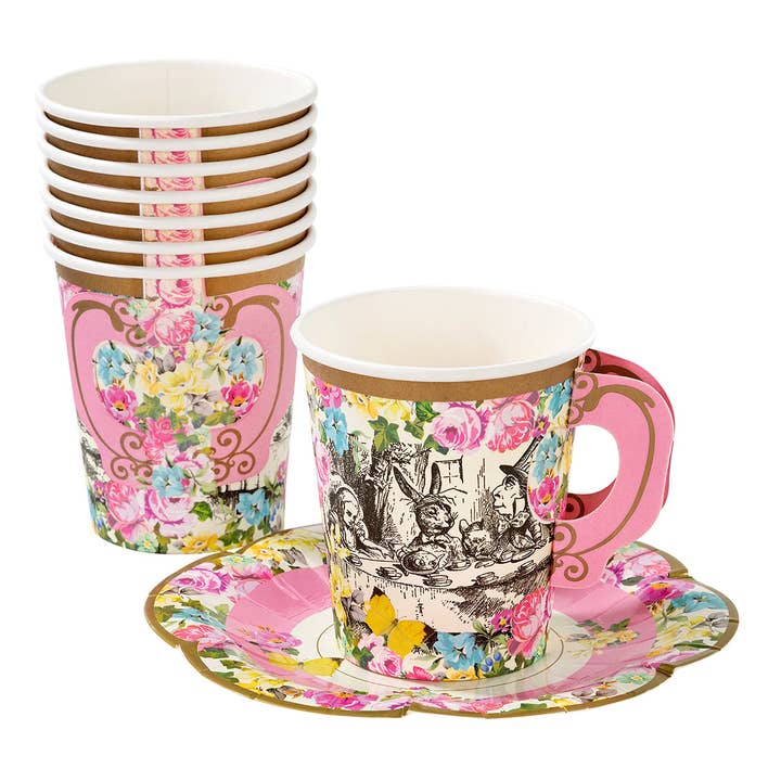 Talking Tables USA - Wholesale Disposable Cup - Alice in Wonderland Pink Cup & Saucer - 12 Pack | Tea |