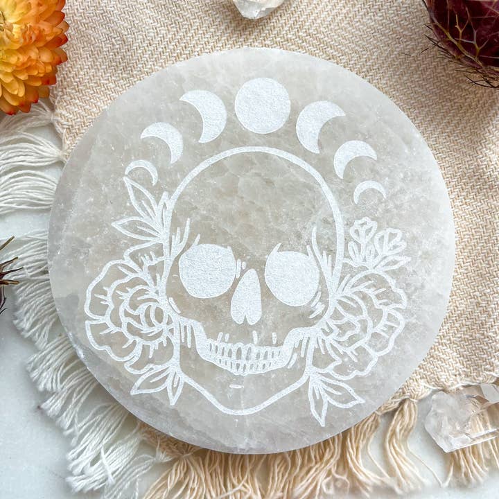 "Skull" Halloween Spooky Season Selenite Charging Plate for wholesale by Fractalista Designs