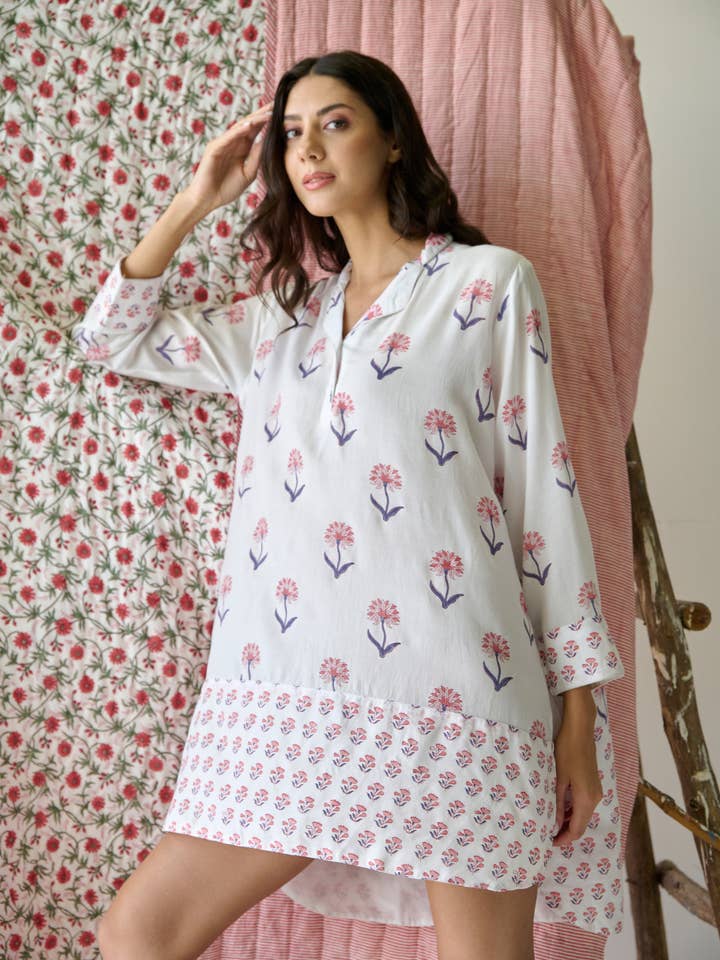 Nancy Night / Beach Shirt in Pink and Blue for wholesale by Kapara London