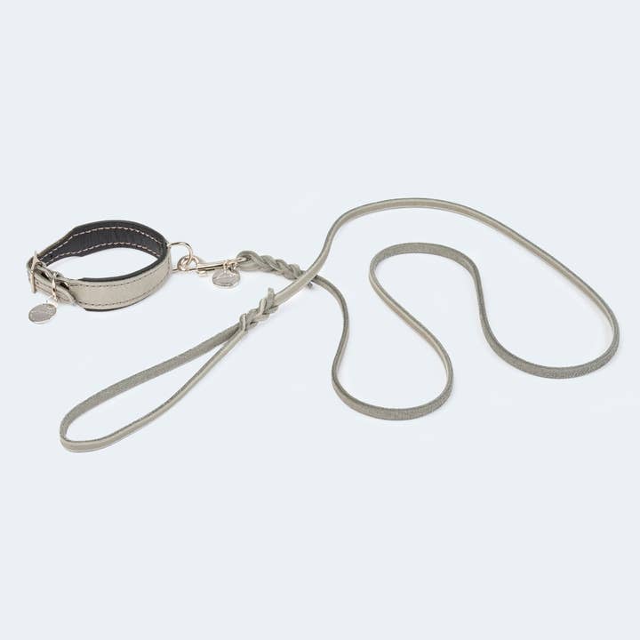 Leopold's Finest for dogs – wholesale Halsband - Hund – Slätt läderhalsband ljusgrå/svart/silver2