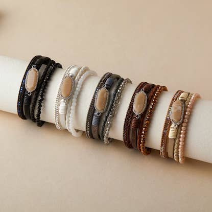 B25147 Bead/Rhinestone Accent PU Leather Wrap Bracelet for wholesale by Pretty Persuasions