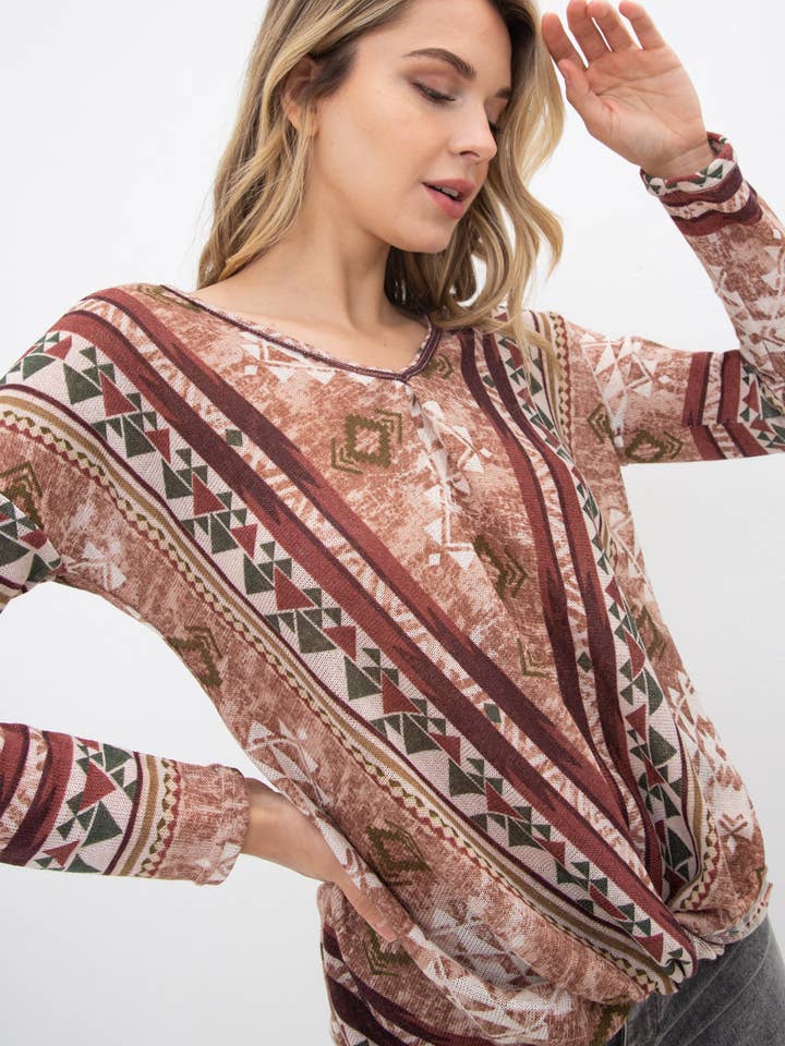 Top de punto con cuello en V estilo azteca casual para venta al por mayor de Twenty Second