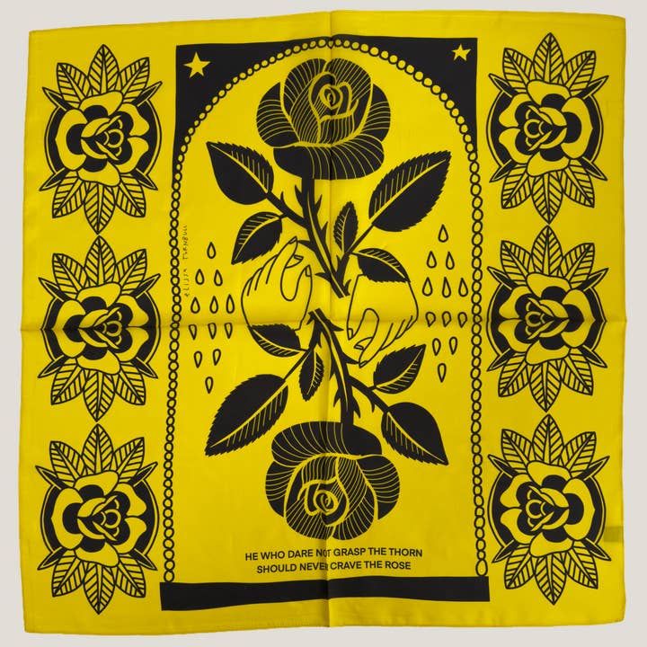Black and Yellow Rose and Thorn Scarf 100% Silk for wholesale by Voyager Silk