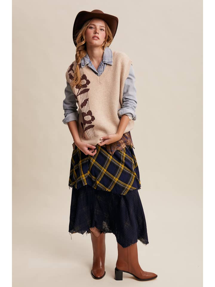 Listicle - Wholesale Skirt - Women's - Layered Patchwork Plaid Maxi Skirt LSK01709