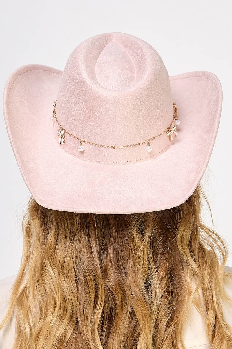 Collections by Fame Accessories - Wholesale Fedora - Women's - Ribbon Bow Pearl Chain Western Cowboy Hat2
