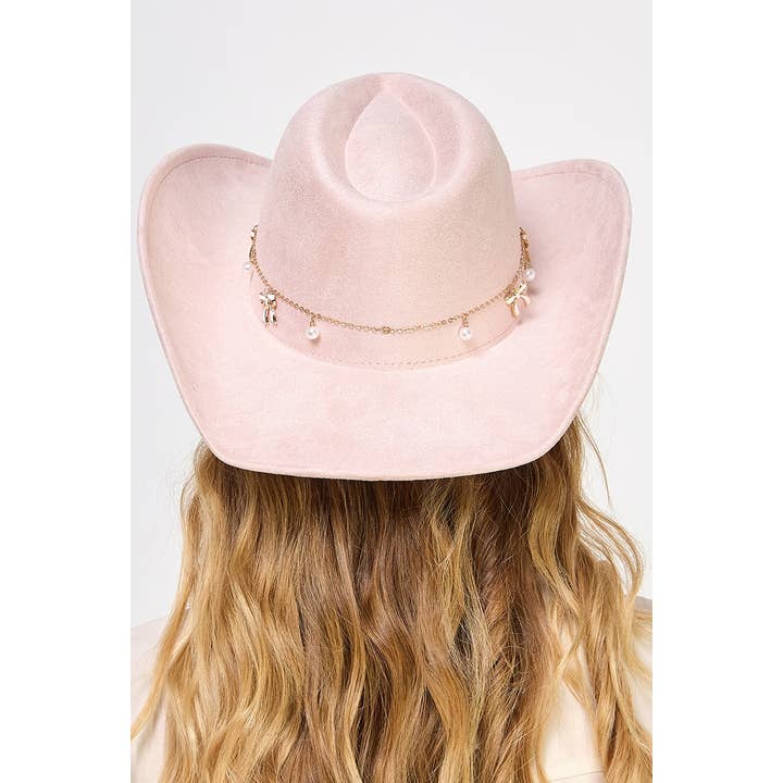 Collections by Fame Accessories - Wholesale Fedora - Women's - Ribbon Bow Pearl Chain Western Cowboy Hat2