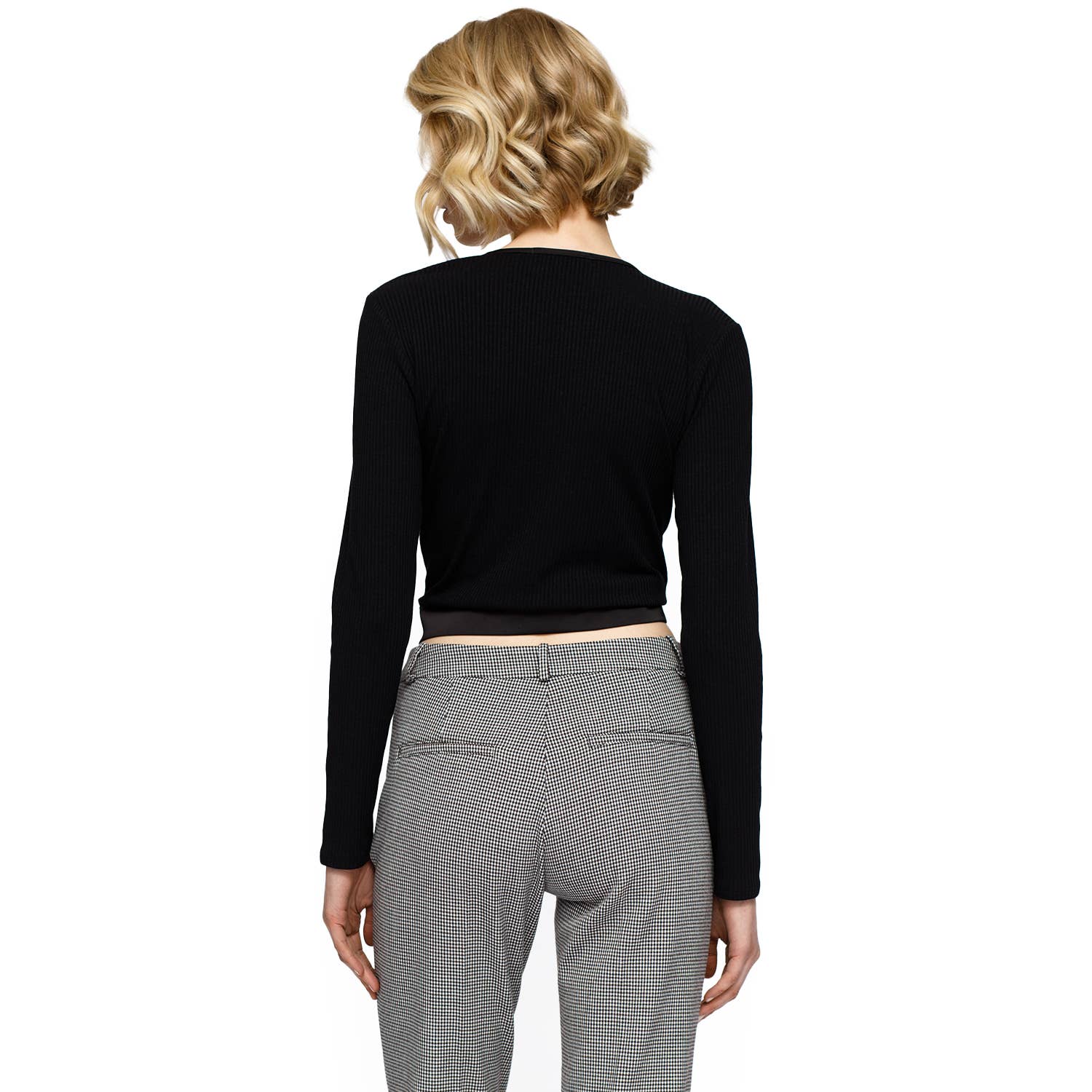 Nurode's Wrap Front Tie Ribbed Crop Knit Top In Black for wholesale on Faire2