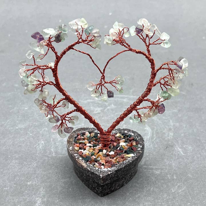 Fluorite Chip Heart Tree with Soapstone Base and Copper Wire for wholesale by Crystal River Gems LLC