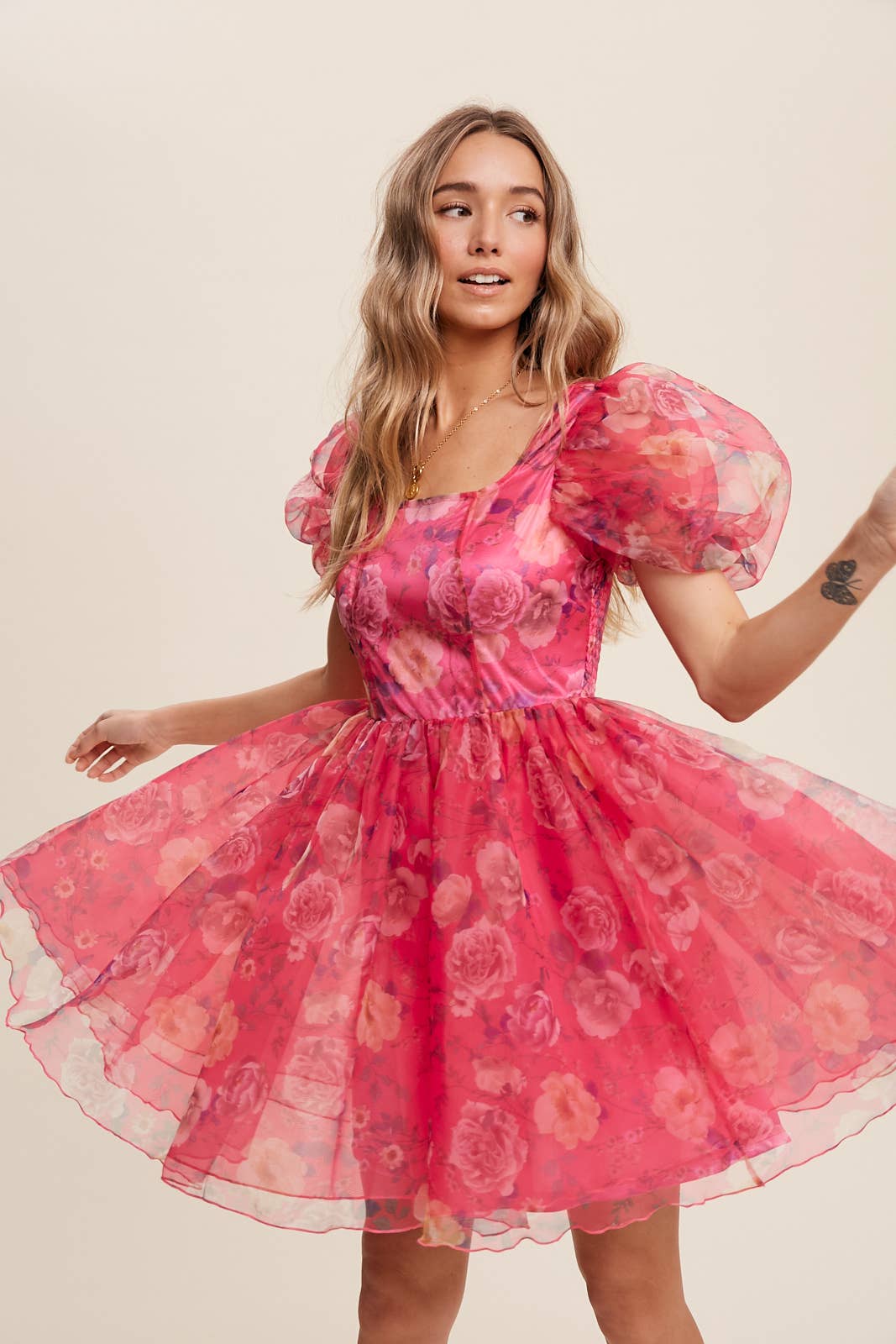 Listicle - Wholesale Dress - Women's - Floral Puff Sleeve Organza Mini Dress29