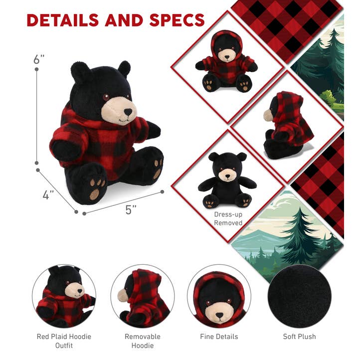 Cota Global - Wholesale Stuffed/plush toy – Kids & baby - 6" PLUSH - BLACK BEAR WITH RED PLAID HOODIE2