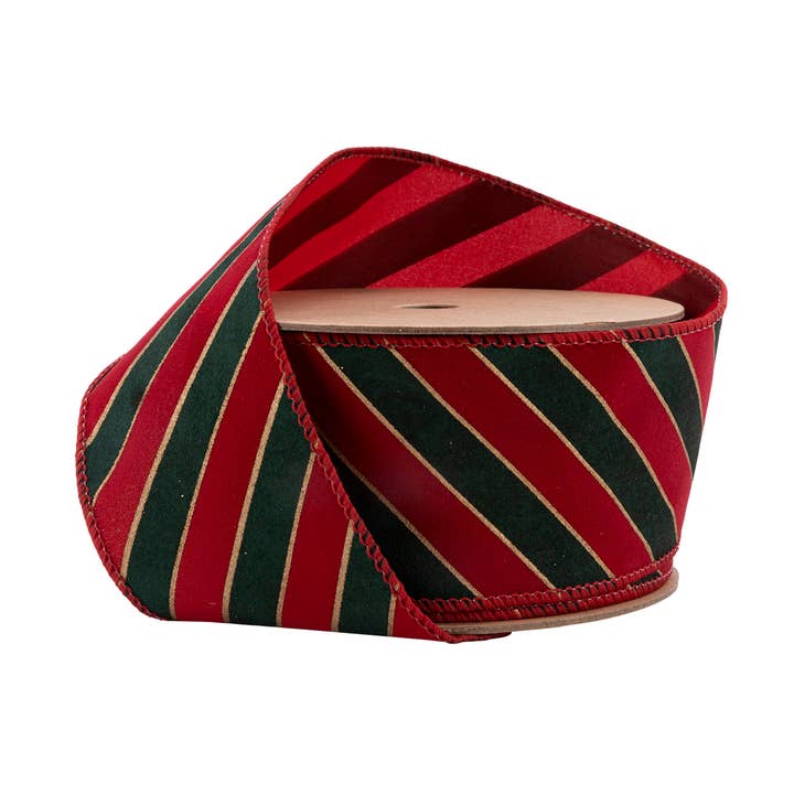 Groen gestreept lint met draad op rood, rol van 10 yard voor wholesale door LA Ribbons Wholesale